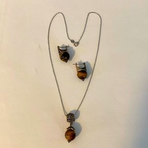 SS Tiger eye necklace and pierced earring set